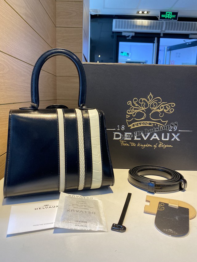 Delvaux全新BL系列德爾沃專櫃黑色/白色box皮白色蜥蜴紋與紋與蟒蛇紋相間雙用手提斜挎包 bxs1125